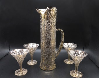 1960s Golden Jewels Barware Set Tall Cocktail Pitcher Martini Glasses West Virginia Specialty Glass Gold & White Splatter