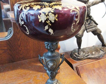 Antique Amethyst Glass Gold Enamel Oil Lamp Kosmos Brenner Burner Art Nouveau Heads on Base