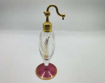 DeVilbiss Glass Perfume Atomizer Bottle Pink Foot Leaf Gold Decoration As Found