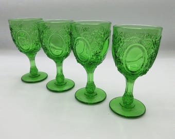 4 Emerald Green Mirrors and Roses 4 oz Wine Goblets by LG Wright MCM Cocktail Glasses Vintage Barware