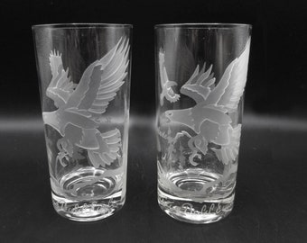 Vintage US Coast Guard Academy Glasses Tumblers American Bald Eagle Sand Carving