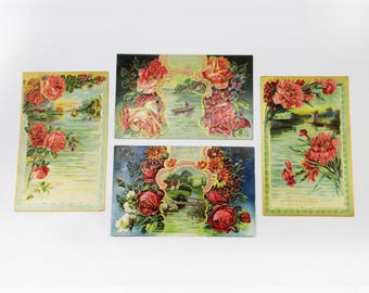 4 Antique Embossed Happy Birthday Greeting Postcards Flowers Landscapes Gold Unposted