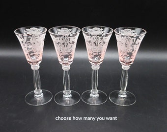 Rare Tiffin Pink Flanders Etch 1.5 oz Cordial Stems - 3 available Elegant Depression Glass MInis