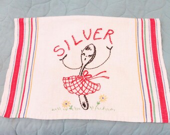 Unique Tea Towel Anthropomorphic Spoon Silverware Vintage Hand Stitched Design Kitchen Towel Primary Colors
