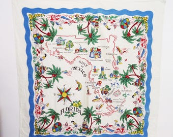 Vintage Florida State Map Tablecloth Souvenir 48" x 52" Golfing Seminoles AS IS READ