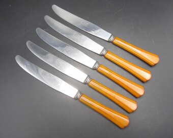 5 Englishtown Deco Butterscotch Bakelite Handled Stainless Knives Signed - Tested