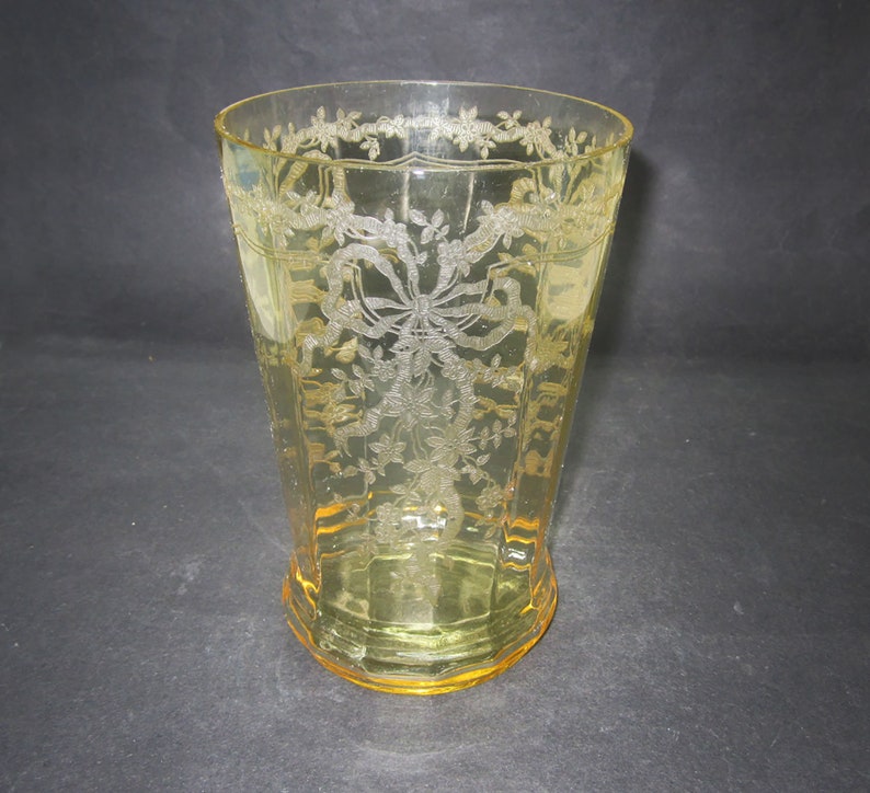 Fostoria Topaz Yellow June Etched Large 1930 S Glass Vase Etsy