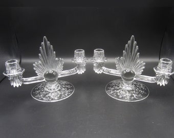 Deco Fostoria Navarre Etch Flame Duo Candlesticks #2545 George Sakier Design