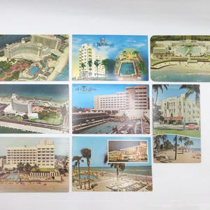 May include: A collection of vintage postcards featuring hotels and resorts. The postcards showcase various architectural styles, pools, and beach scenes. The color palette includes blues, greens, and whites, evoking a sense of travel and leisure.