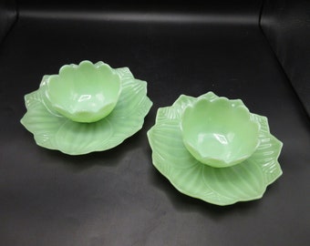 2 Sets Fire King Jadeite Leaf & Blossom Snack Dessert Sets Lotus Leaf Plate and Bowl