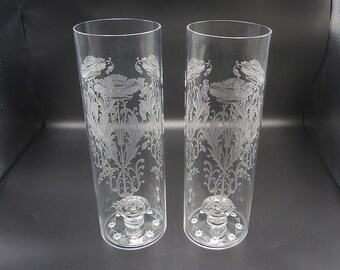 RARE Tiffin Flanders Etch Chinese Hurricane Shades Lamp Pair with Candleholders - Romantic Lighting