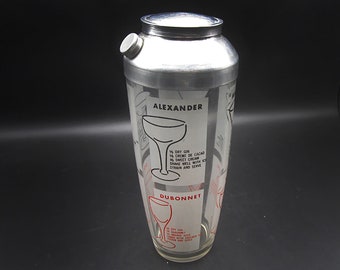 Mid Century Cocktail Shaker with Classic Bar Drink Recipes - Vintage Barware
