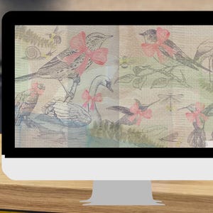 Matching set “Birds and Bow”  Inspired Desktop Wallpaper and Phone Screensaver, | Digital Wallpaper, Pink,Home Screen | Instant Download