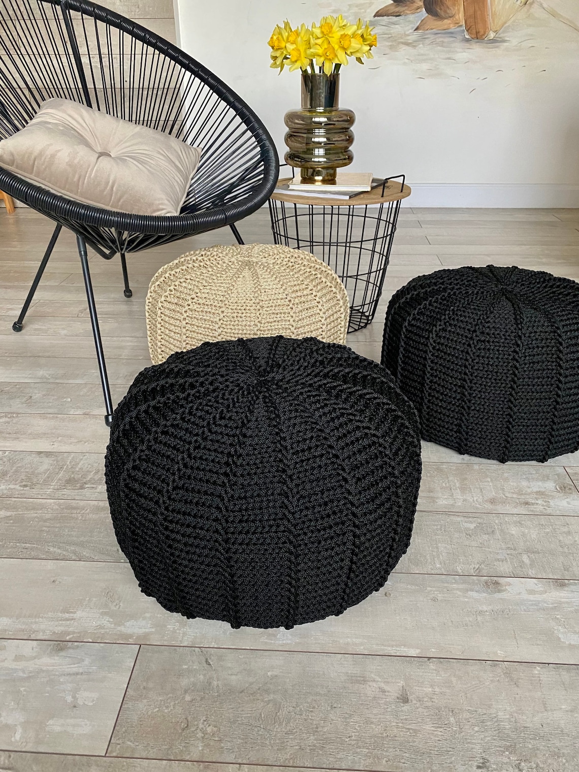 Black outdoor waterproof floor pouf ottoman knitted pouf | Etsy