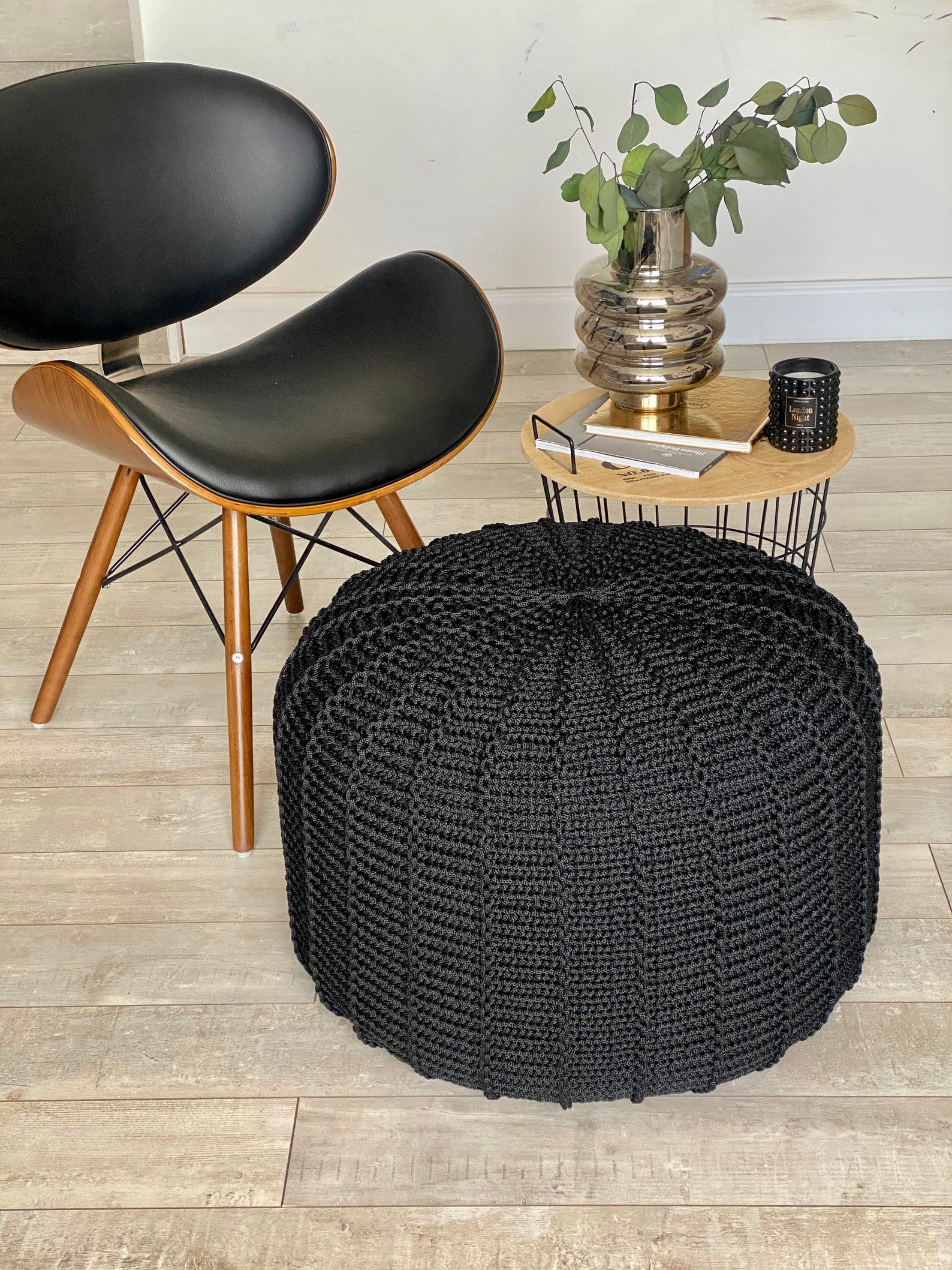 Black outdoor waterproof floor pouf ottoman knitted pouf Etsy