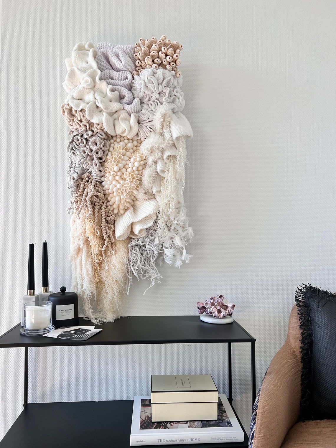 Curated visual reference: Textile Wall Tapestry With 3D Elements For Hallway Interior Reference: Textile Art Coral Reef Inspired Large Macrame Woven Tapestry Wall