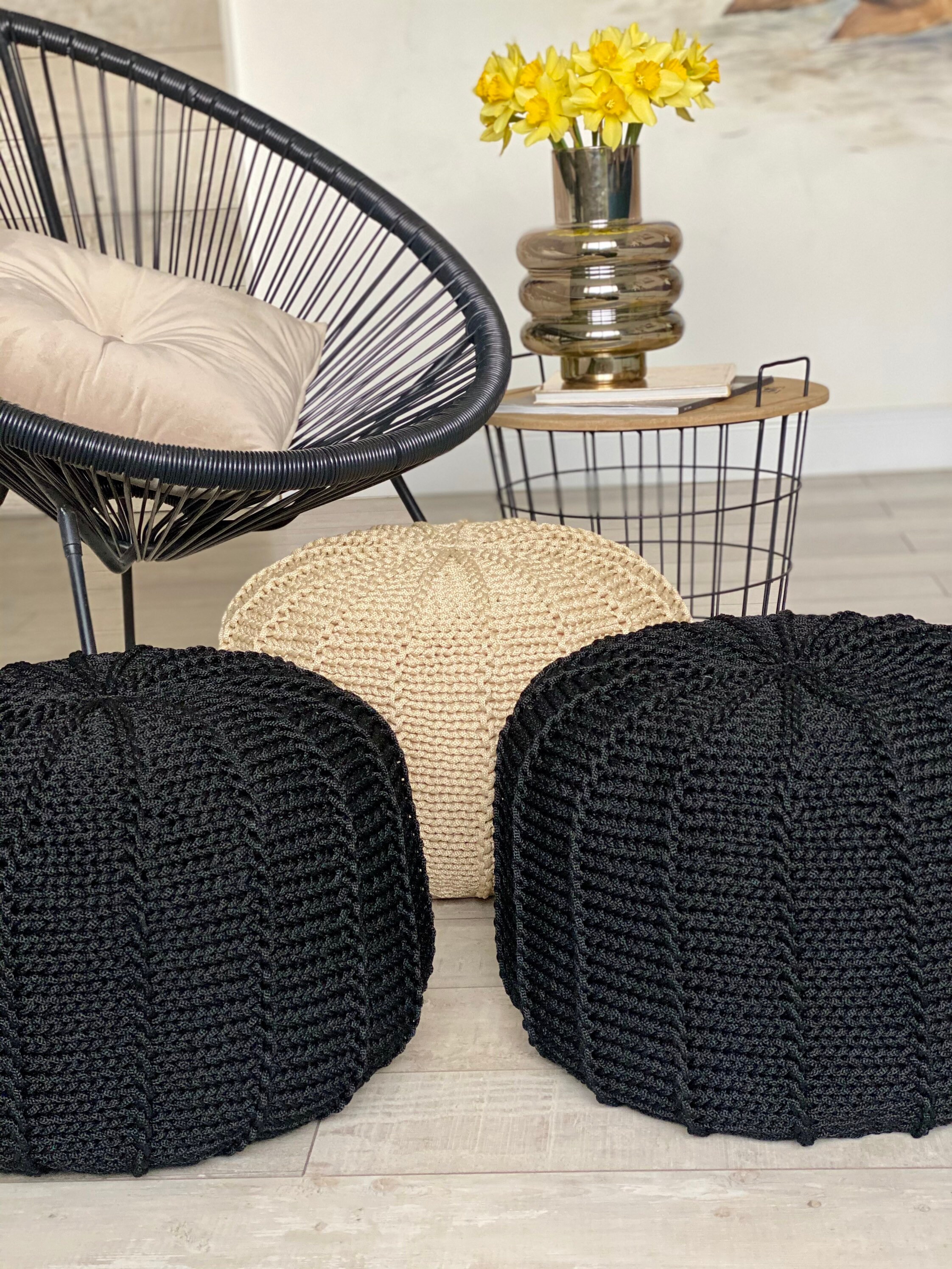 Black outdoor waterproof floor pouf ottoman knitted pouf | Etsy
