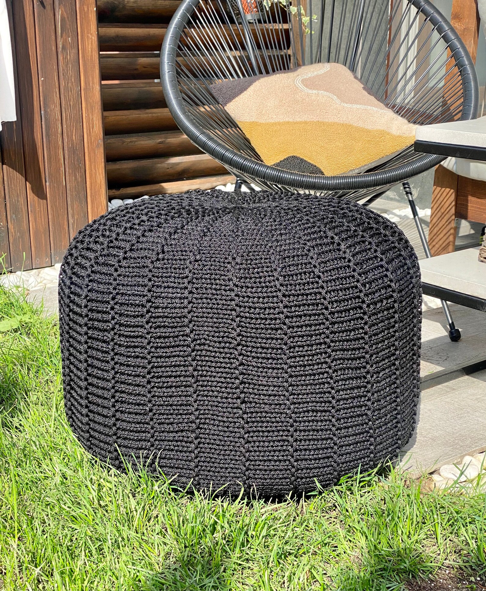 Black outdoor waterproof floor pouf ottoman knitted pouf Etsy