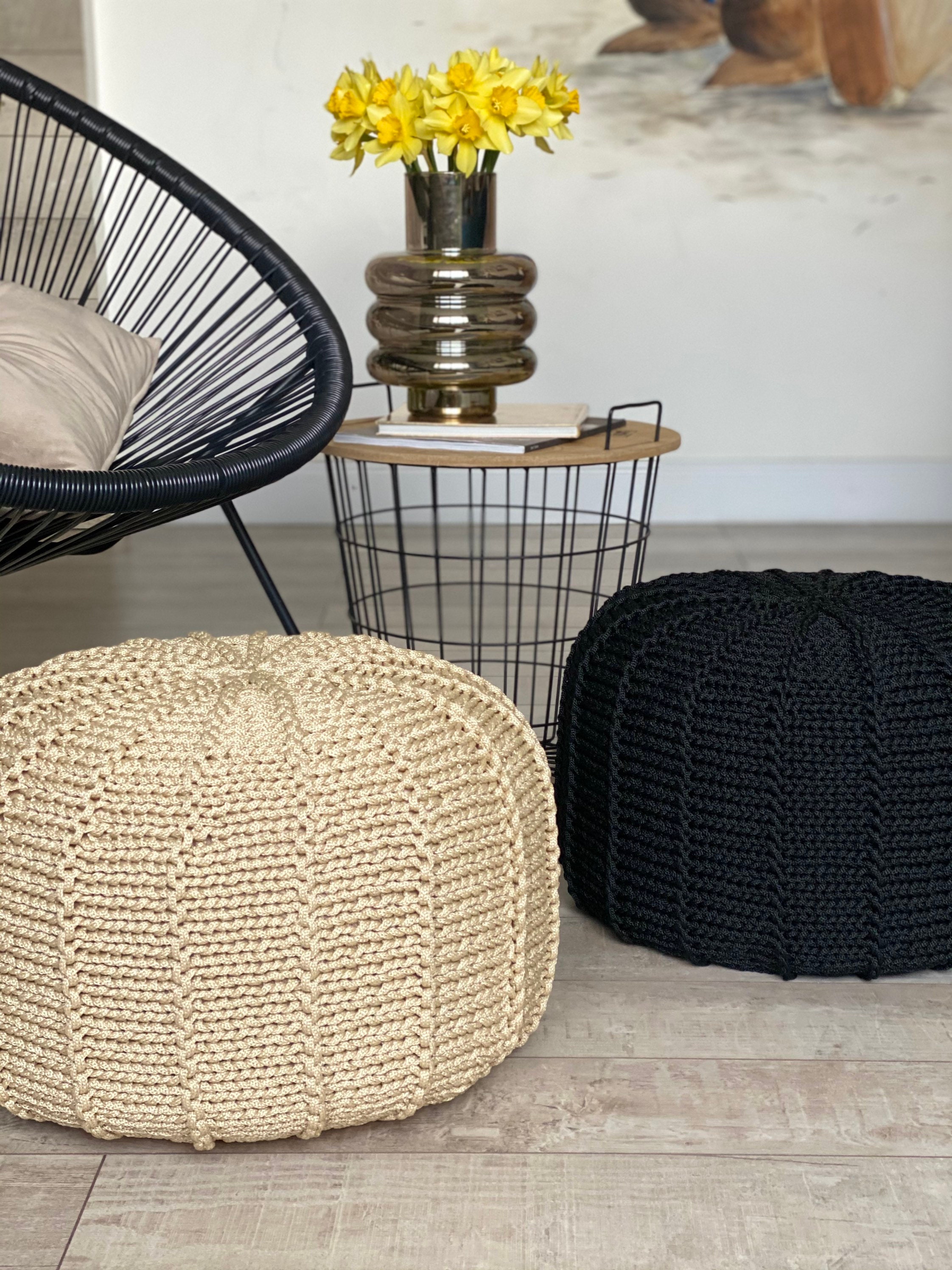 Black outdoor waterproof floor pouf ottoman knitted pouf Etsy