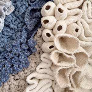 Puede incluir: Primer plano de una obra de arte textil texturizada con varios elementos tejidos y crochetados. La obra presenta una paleta de tonos blanquecinos, beige y azules. El dise&ntilde;o incluye formas y texturas redondeadas y org&aacute;nicas.