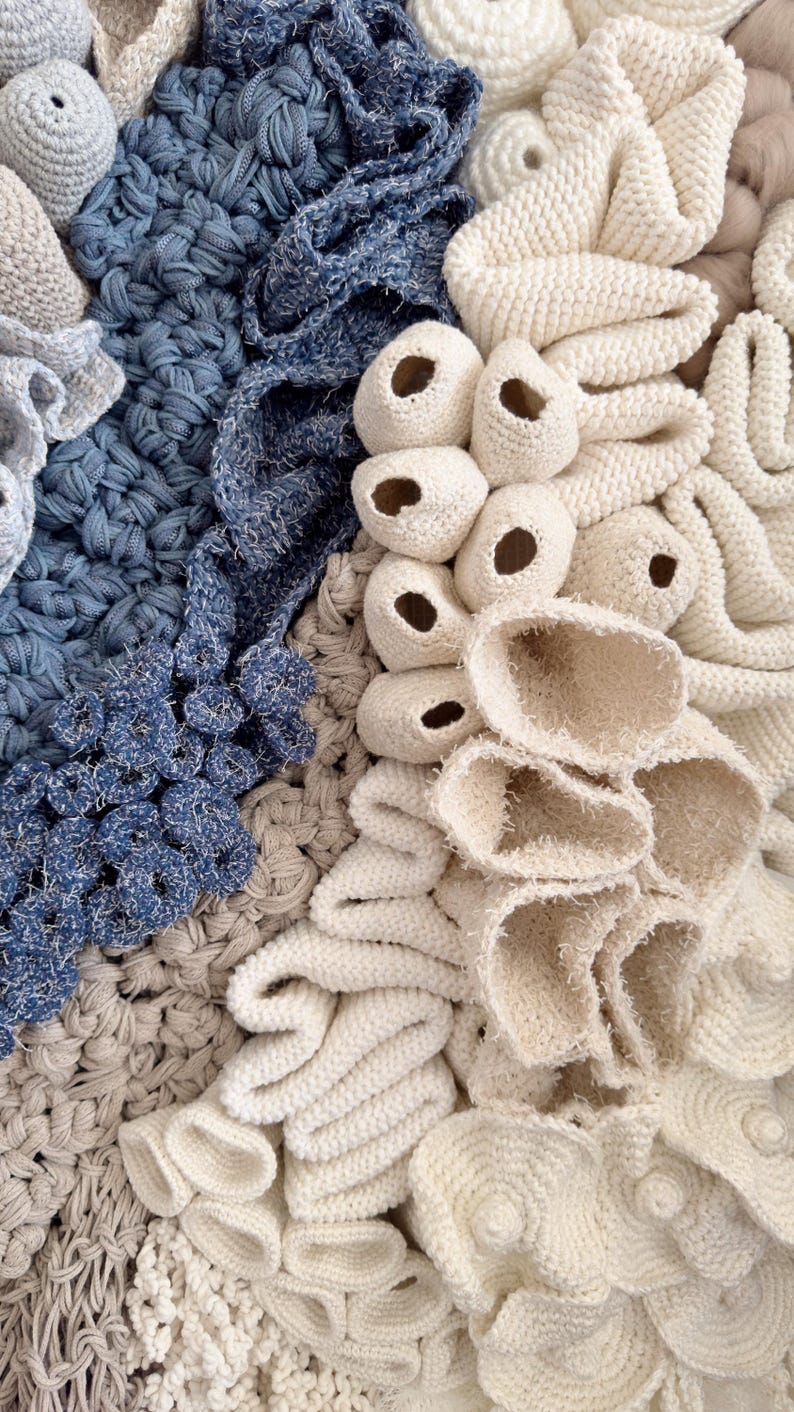 Puede incluir: Primer plano de una obra de arte textil texturizada con varios elementos tejidos y crochetados. La obra presenta una paleta de tonos blanquecinos, beige y azules. El dise&ntilde;o incluye formas y texturas redondeadas y org&aacute;nicas.