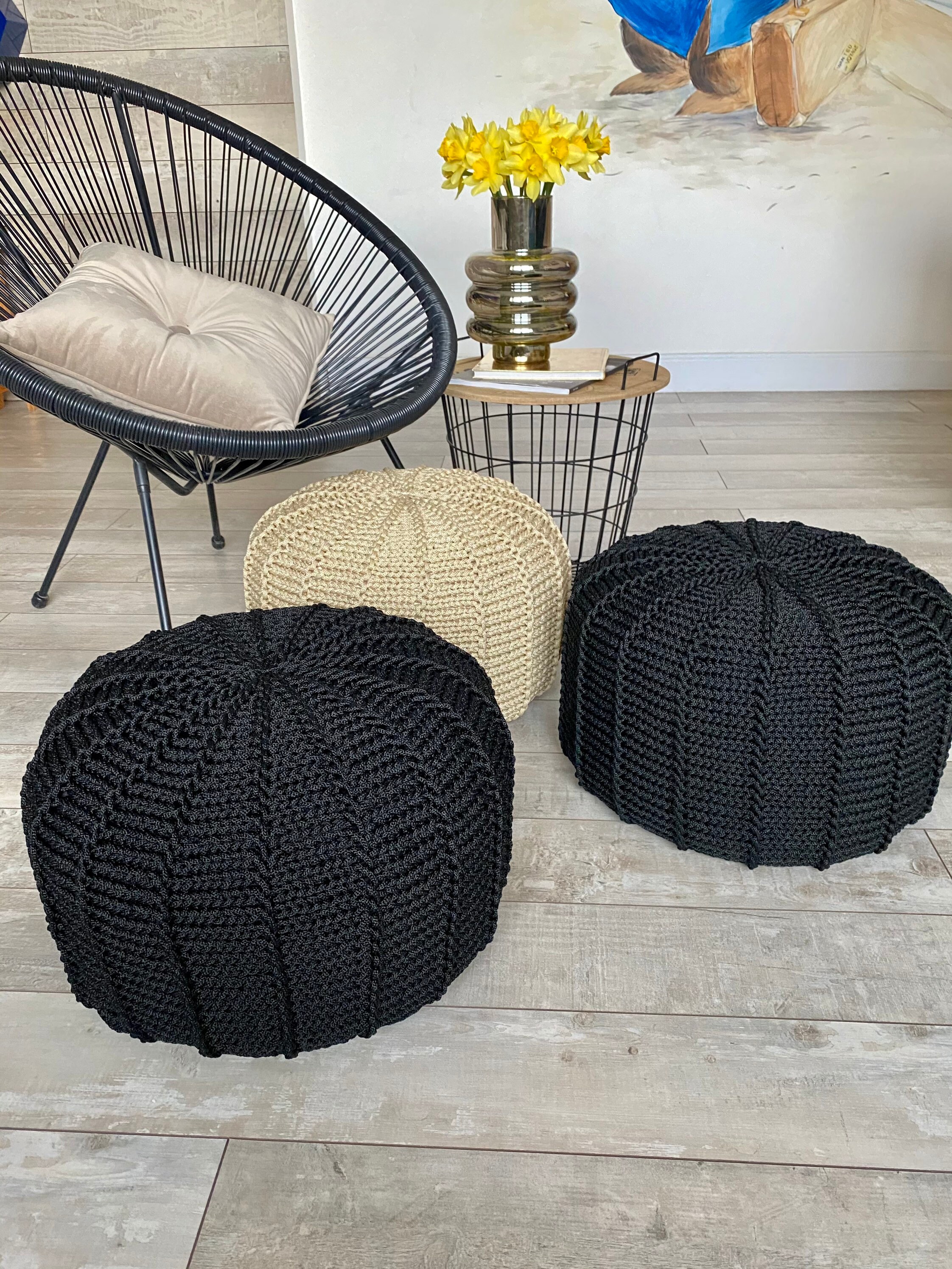 Black outdoor waterproof floor pouf ottoman knitted pouf Etsy