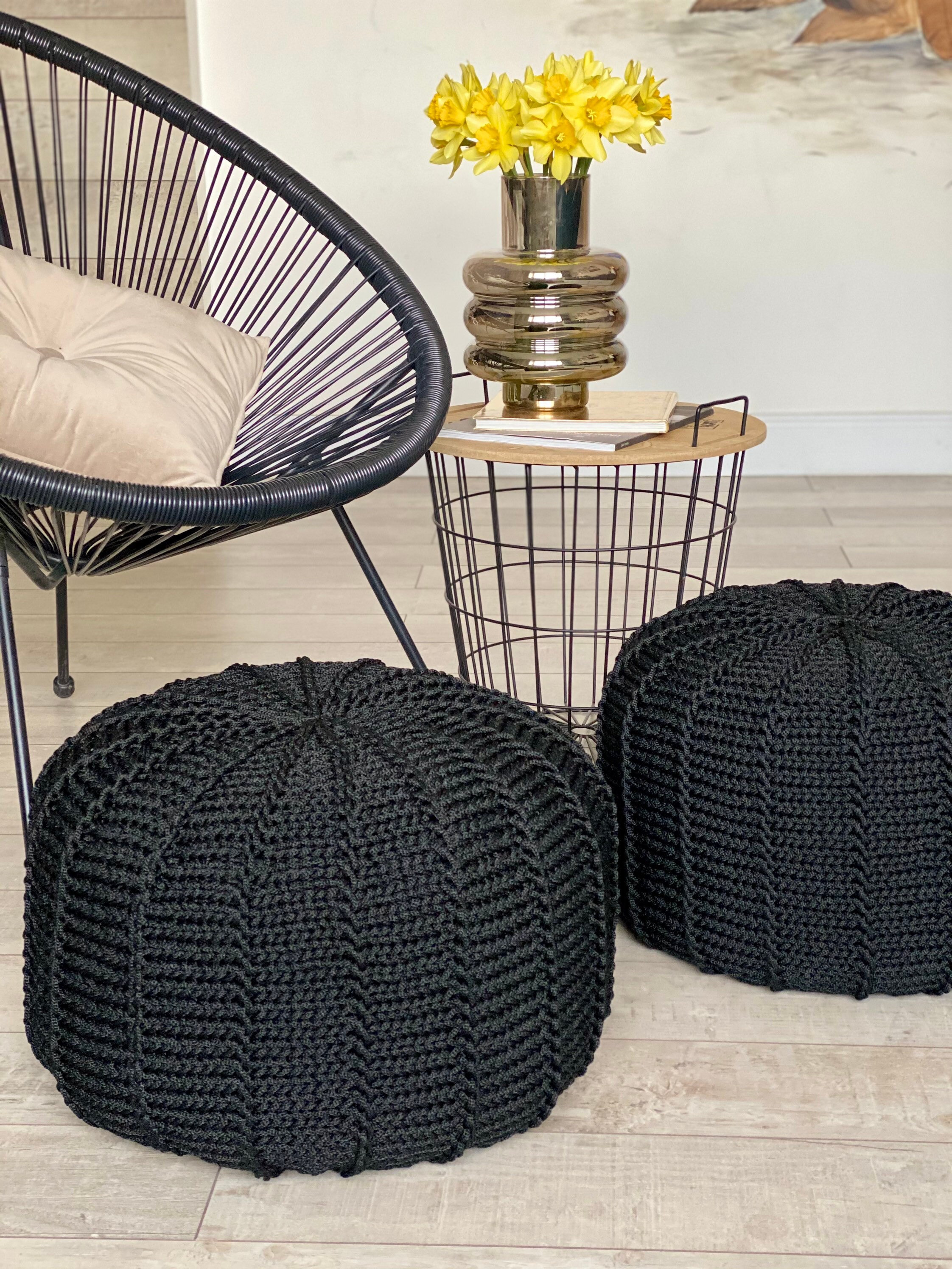 Black outdoor waterproof floor pouf ottoman knitted pouf Etsy