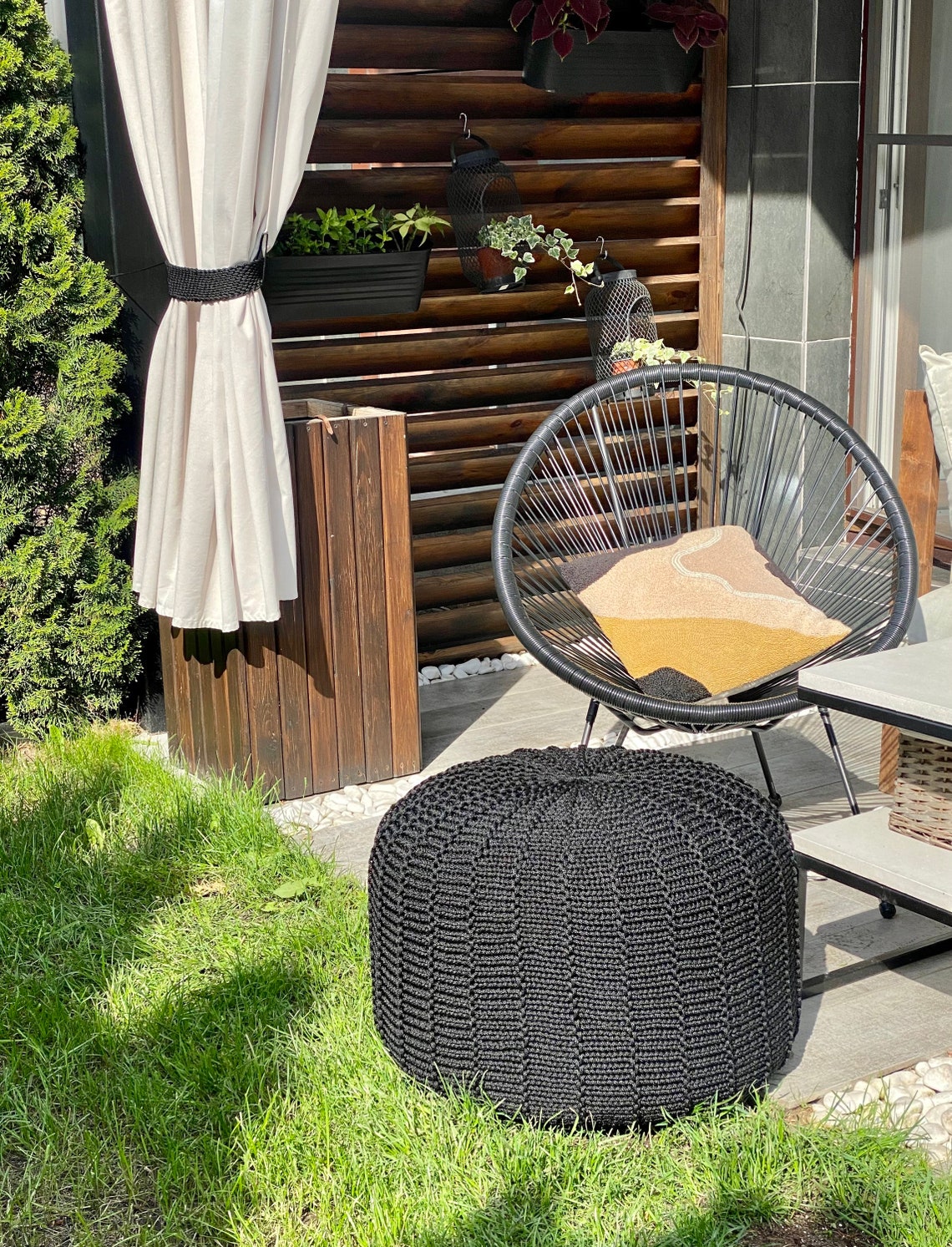 Black outdoor waterproof floor pouf ottoman knitted pouf Etsy