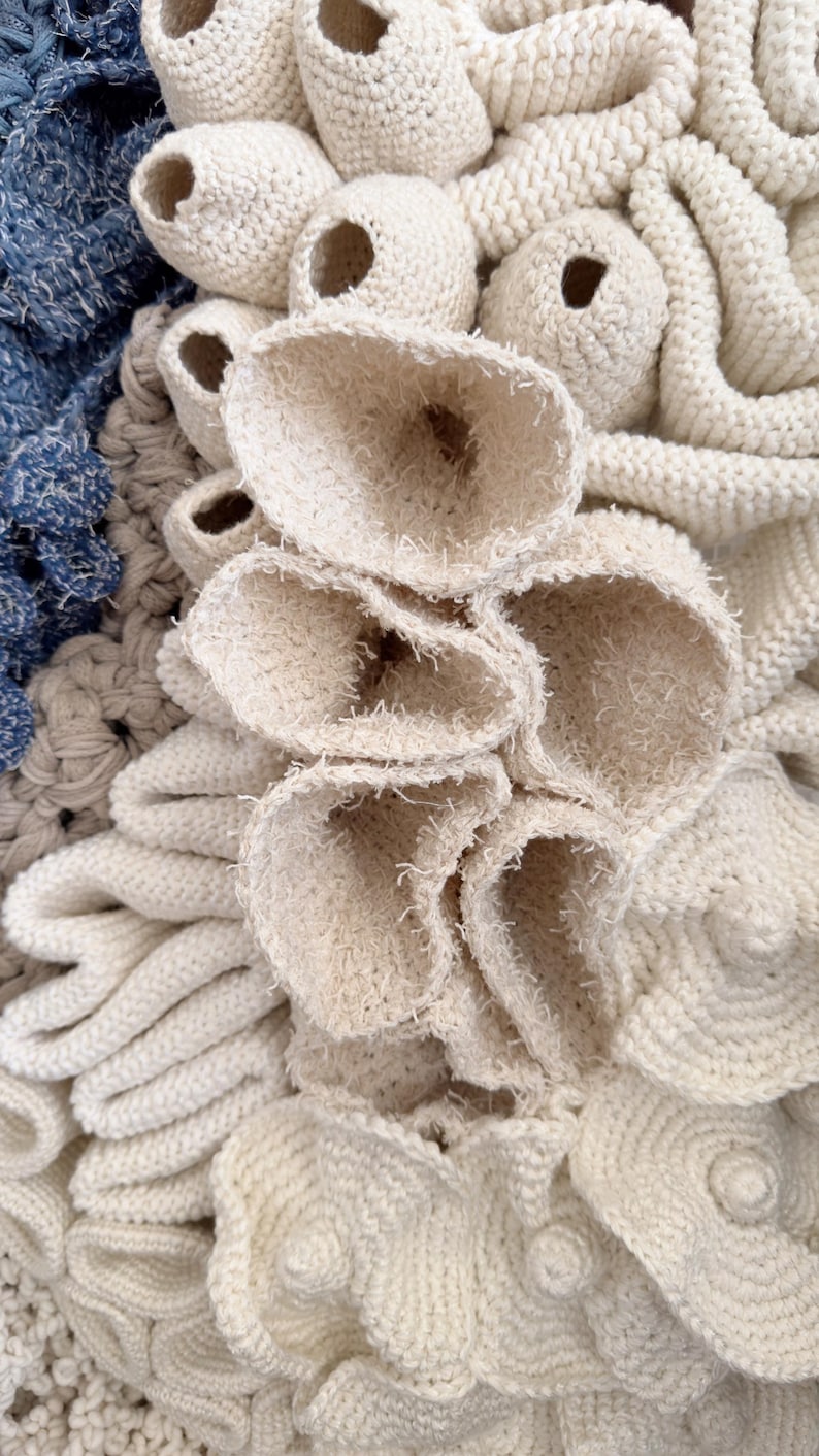 Puede incluir: Primer plano de una obra de arte textil texturizada, de color blanquecino. La obra presenta varias formas, incluyendo formas redondeadas con aberturas y estructuras en forma de p&eacute;talos superpuestas. Se ven tonos de azul y gris.