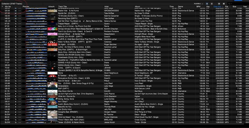 May include: A dark gray computer screen displays a music library with columns for track title, artist, album, and duration. The interface shows a list of songs, with some artwork visible. The collection is labeled "Collection (2747 Tracks)".