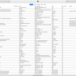May include: Screenshot of an iTunes music library interface on a computer screen. The interface displays a list of songs, artists, albums, and other metadata. The screen is mostly white with black text and a gray menu bar at the top.