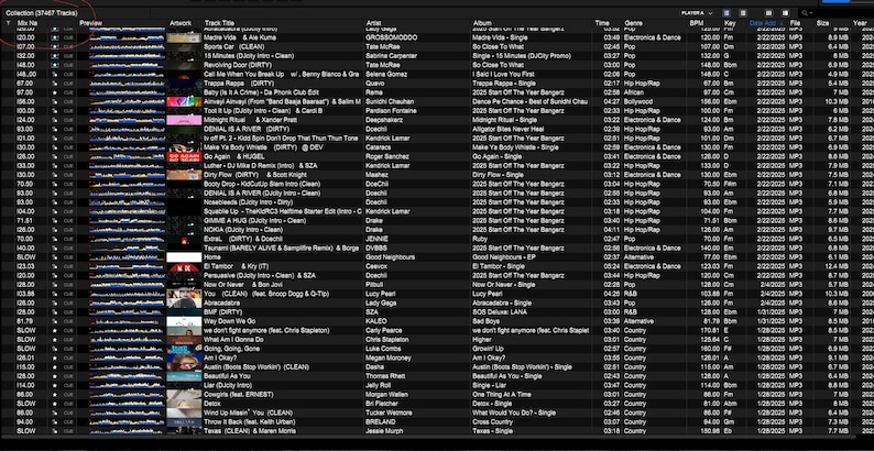 May include: A digital music library interface displayed on a dark screen, featuring a list of tracks organized into columns including Mix In, Preview, Artwork, Track Title, Artist, Album, Time, Genre, BPM, Key, Date Added, File, Size, and Year.