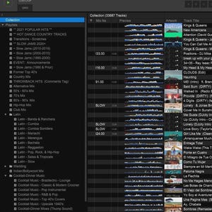 May include: A digital DJ software interface displaying a music library with a left-hand navigation panel for playlists, a central track list with waveform previews, and a right-hand column showing album artwork and track titles for a collection.