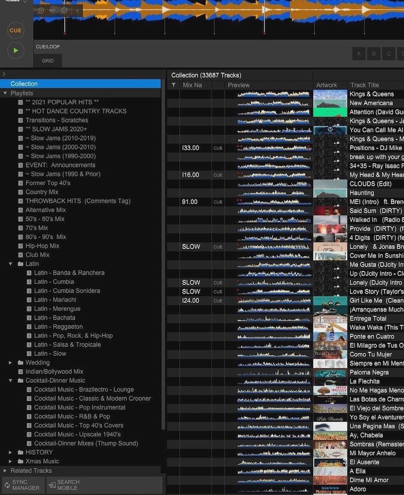 May include: A digital DJ software interface displaying a music library with a left-hand navigation panel for playlists, a central track list with waveform previews, and a right-hand column showing album artwork and track titles for a collection.