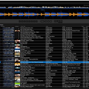 May include: A digital music management software interface displaying a collection of audio tracks in a list format. The screen features a waveform visualizer at the top, a sidebar for library navigation, and columns detailing track titles, artists, and metadata.