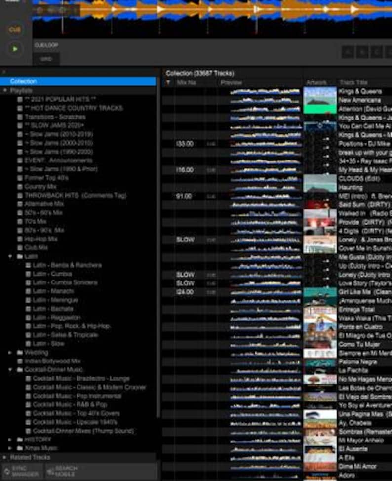 May include: A dark-themed DJ software interface displays a music collection with track titles, playlists, and waveforms. The interface includes options for browsing and managing music, with a focus on organizing and playing tracks.