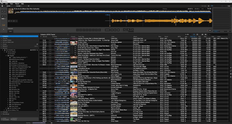 May include: A digital audio workstation interface displaying a dark theme with a waveform visualization at the top and a detailed music library list below. The software features columns for track title, artist, album, duration, genre, key, and date.