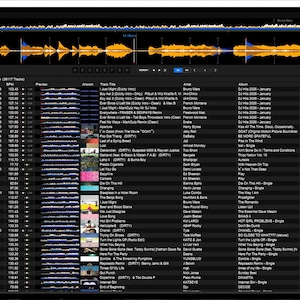 Puede incluir: Interfaz oscura de una estación de trabajo de audio digital (DAW) que muestra la forma de onda de una pista musical y una lista detallada de canciones. La interfaz incluye nombres de pistas, BPM e información del álbum, para producción musical y DJing.