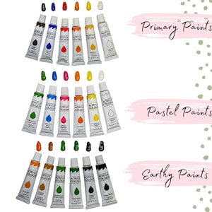 May include: A set of acrylic paints in tubes, organized by color category: primary, pastel, and earthy. The tubes are labeled "Acrylic Colour" and feature a variety of colors, including red, blue, yellow, green, brown, and white.
