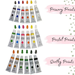 May include: A set of acrylic paints in tubes, organized by color category: primary, pastel, and earthy. The tubes are labeled "Acrylic Colour" and feature a drop of paint on the label.