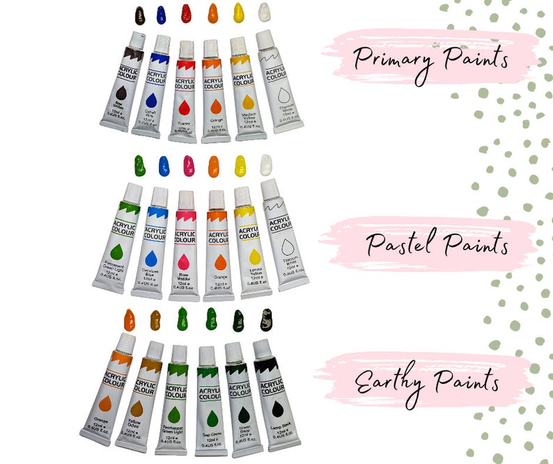 May include: A set of acrylic paints in tubes, organized by color category: primary, pastel, and earthy. The tubes are labeled "Acrylic Colour" and feature a drop of paint on the label.