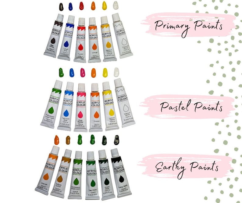 May include: Acrylic paint tubes in primary, pastel, and earthy tones. Each tube is labeled with the color name. The image also shows small paint swatches of each color. The text "Primary Paints", "Pastel Paints", and "Earthy Paints" is also visible.