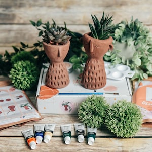 May include: A craft kit with two terracotta face planter pots, green plants, paint tubes, and a paint palette. The kit includes instructions for painting the planters.