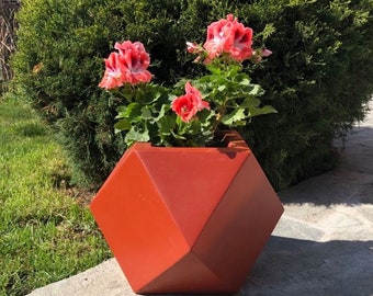 May include: A red geometric planter with a hexagonal shape, filled with pink flowers. The planter is sitting on a stone patio.