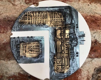 Handmade Ceramic Wall Art Panel, Black and Gold, 8.9 inch