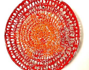 Red Lace Ceramic Wall Art, Modern Tile Sculpture, Unique Home Decor