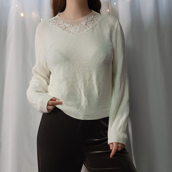 M/L | Romantic Ivory Lace Collar Sweater | Coastal Grandma Lightweight Pullover