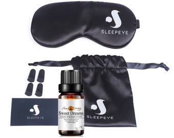 Sleep Eye Mask Ear Plug Essential Oil Travel Set - Silk Sleeping Eye Mask Soft Natural Cotton Filled Adjustable Strap with Travel Carry Bag