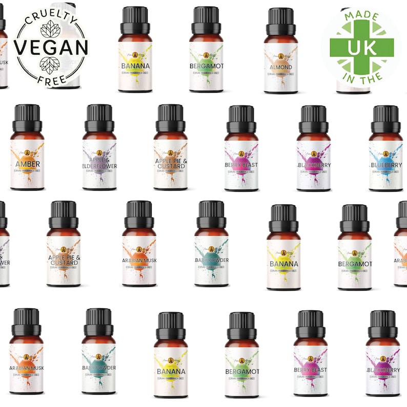 May include: A collection of 30 essential oil bottles with various scents, including Almond, Apple Pie & Custard, Baby Powder, and Blueberry. The bottles are arranged in rows and labeled with their corresponding scents. The bottles are all clear glass with a brown cap and a white label.