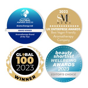 May include: Four circular awards with gold and blue accents. The awards are for "Global Awards 2022/23", "UK Enterprise Awards 2022", "Global 100 2023", and "Beauty Shortlist Wellbeing Awards 2023".
